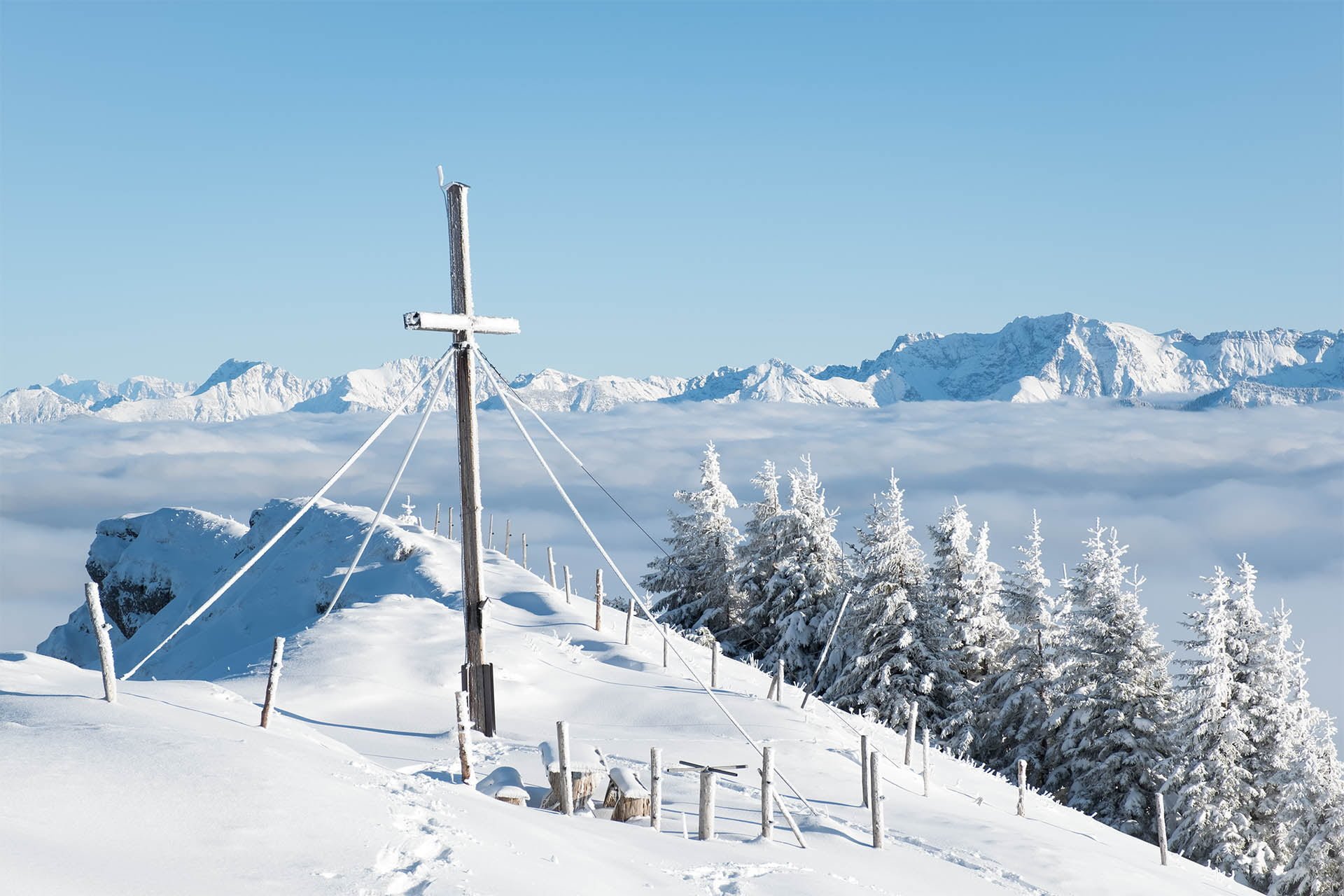 Stuiben Allgäu Gipfelkreuz Winter - Schneeschuhwandern im Allgäu