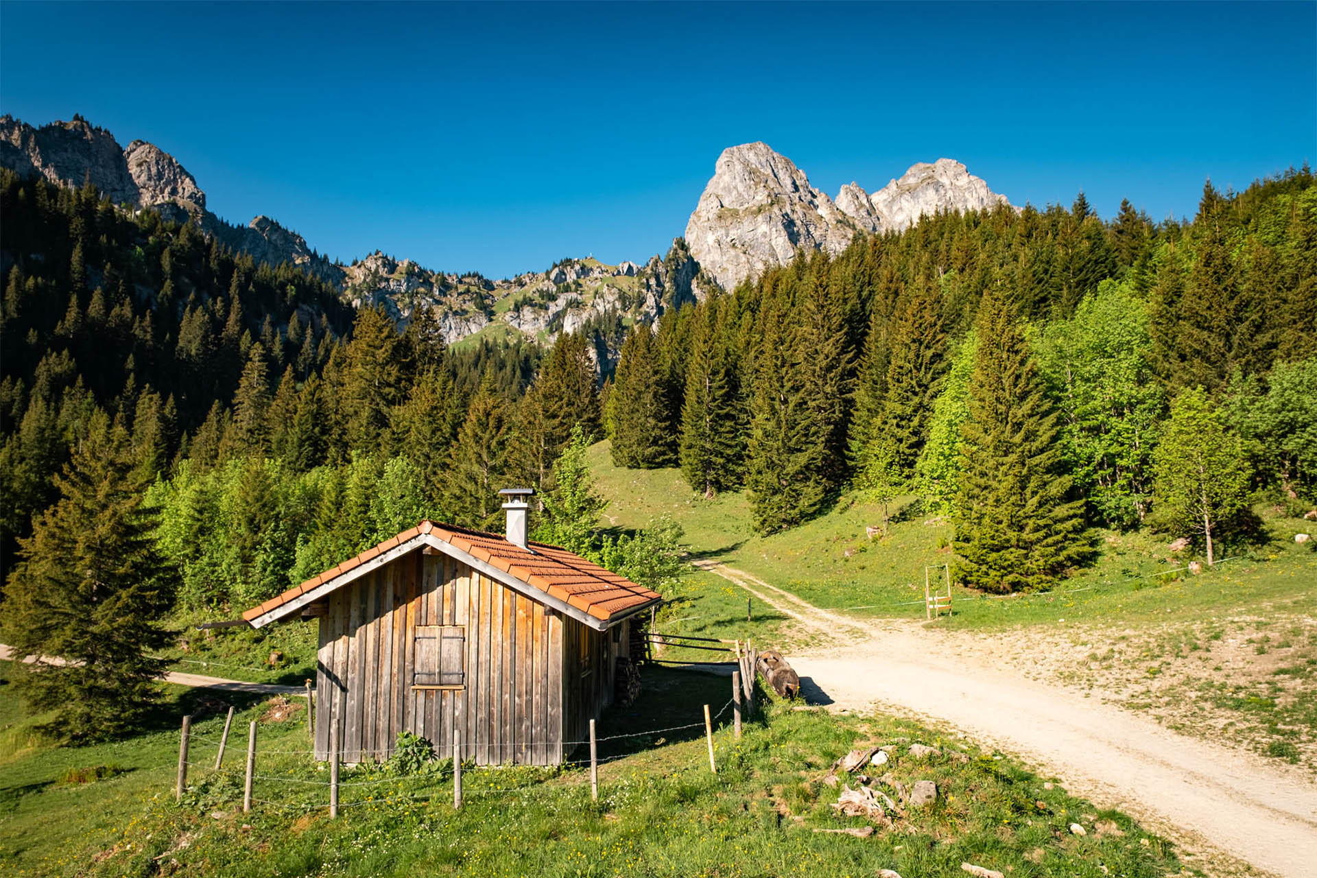 Hütte mit Weg und Wald, sowie dem Bergmassiv des Aggenstein im Hintergrund nach der Reichenbachklamm.