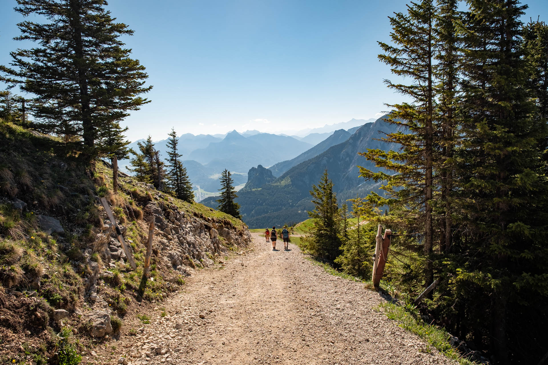 Abstieg vom Breitenberg auf breitem Schotterweg mit Blick auf die Berge