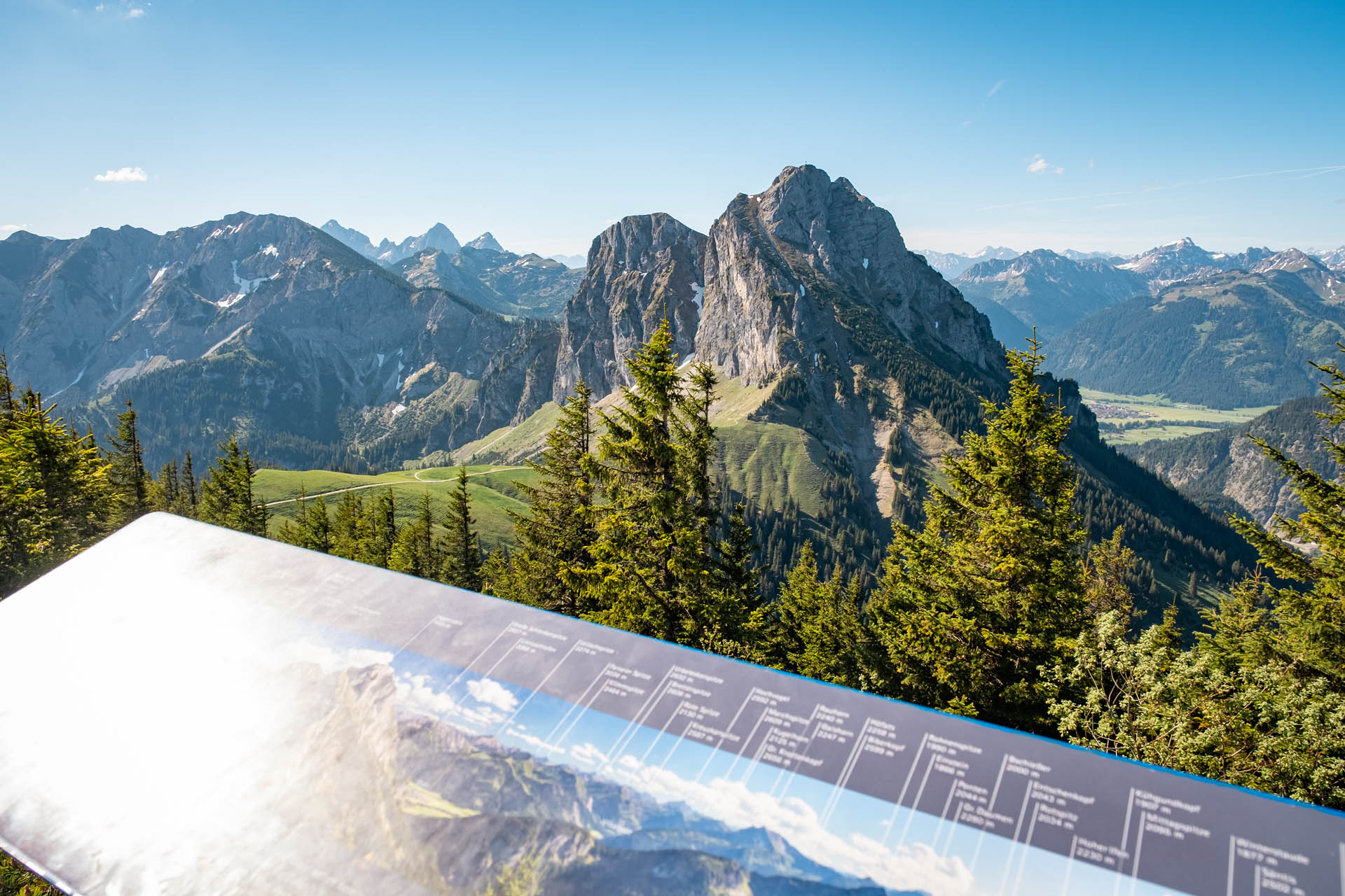 Blick vom Gipfel des Breitenberg auf den Aggenstein und die Tannheimer Bergwelt