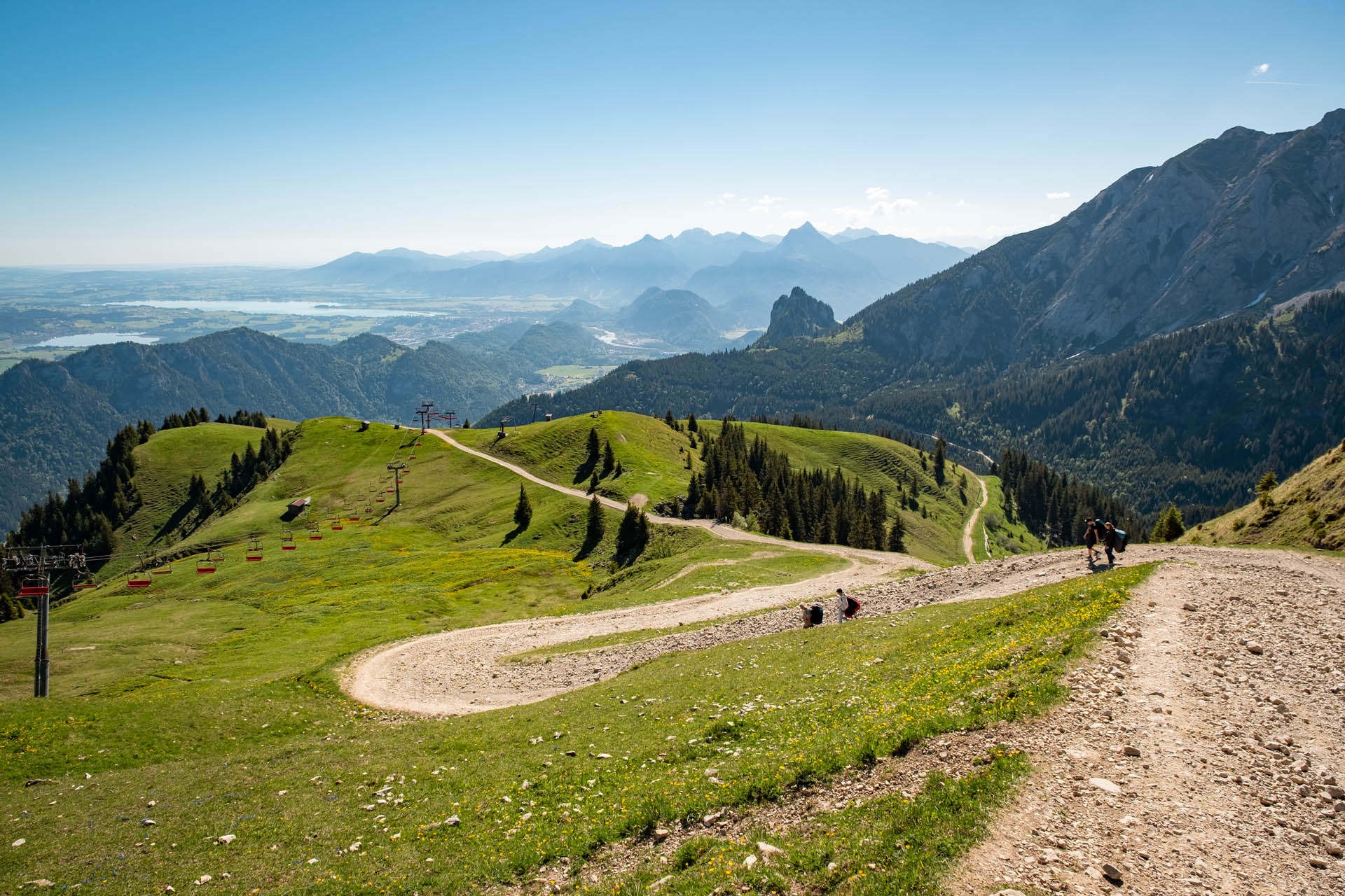 Schotterweg am Breitenberg mit Blick auf Forggensee und Berge im Hintergrund. Rechts unten befindet sich die Reichenbachklamm