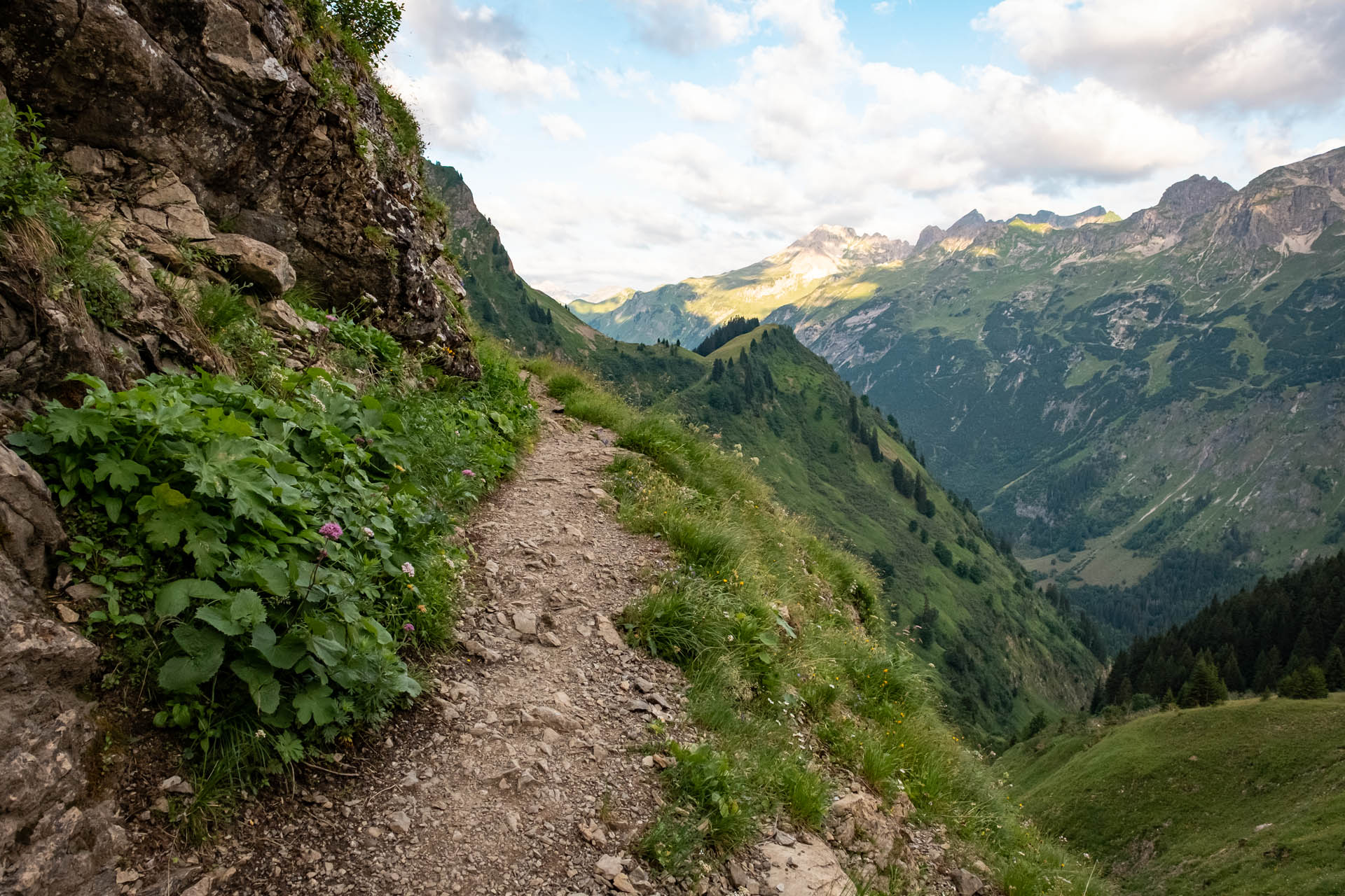 Wanderweg zur Rappenseehütte von der Enzianhütte kommend Richtung Hohes Licht mit Ausblick