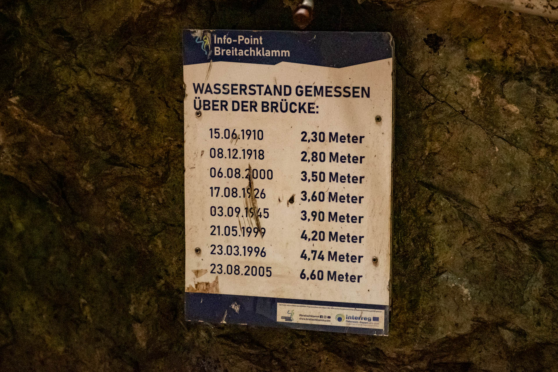 Anzeigetafel der Wasserstände in der Klamm